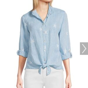 John•Mark Embroidered Star Linen Tunic Blouse Wire Collar Roll Tab Sleeve PL NWT